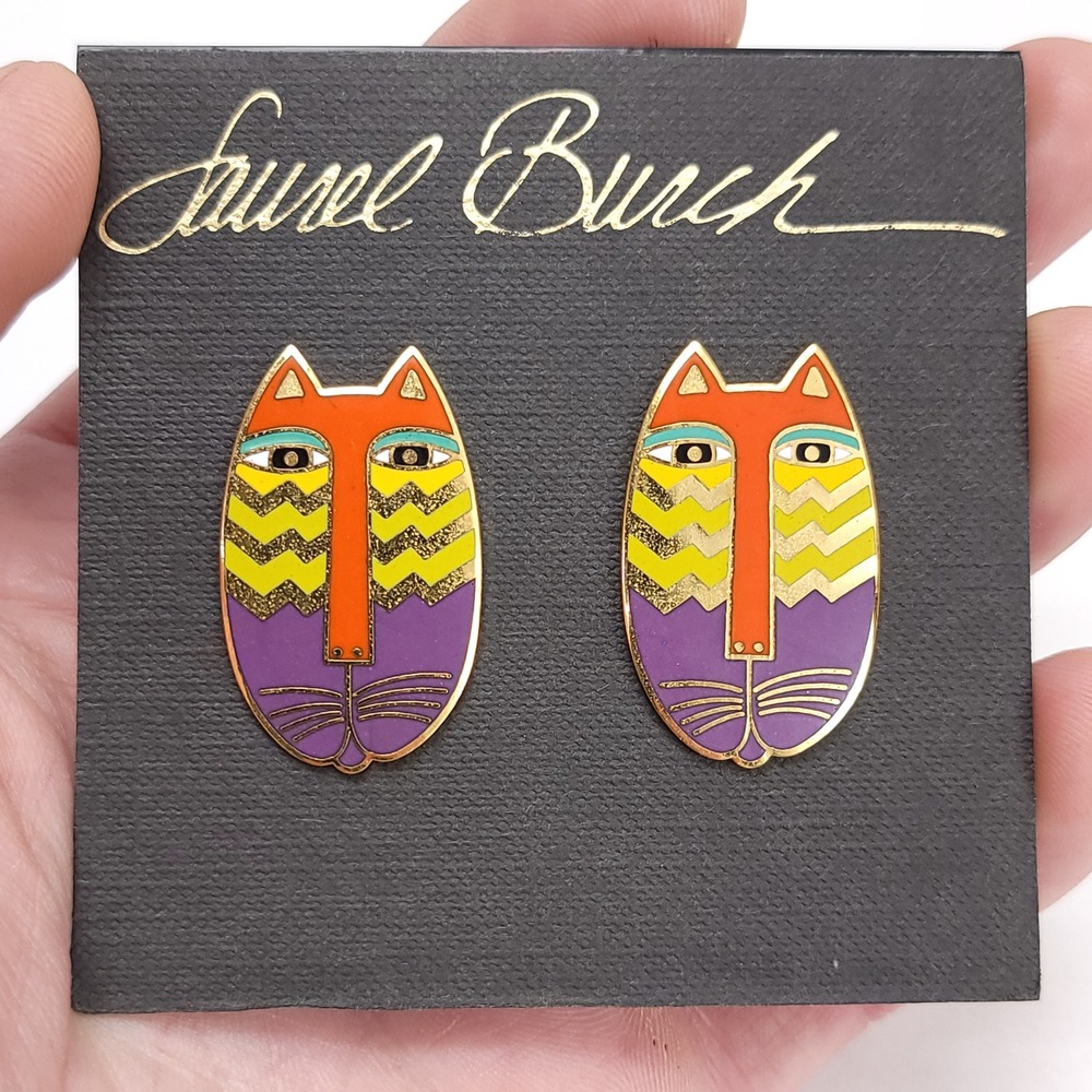 Laurel Burch Native Cats Post Earrings Gold Tone Rhodium Plated Cloisonné 90s